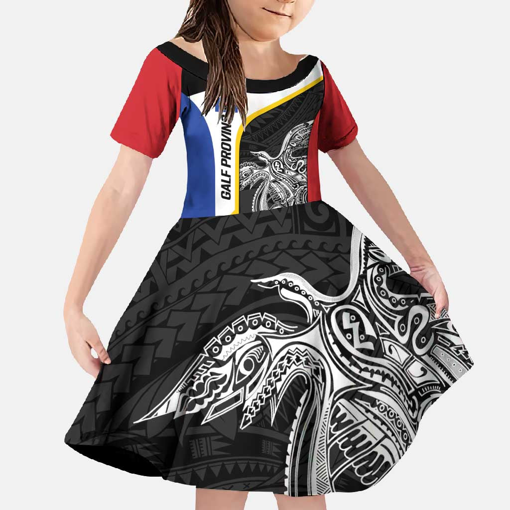 Personalised PNG Gulf Province Family Matching Off Shoulder Maxi Dress and Hawaiian Shirt Bird of Paradise Tattoo Flag Motif LT9 Daughter's Dress Black - Polynesian Pride