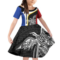 Personalised PNG Gulf Province Family Matching Off Shoulder Short Dress and Hawaiian Shirt Bird of Paradise Tattoo Flag Motif LT9 Daughter's Dress Black - Polynesian Pride