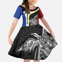 Personalised PNG Gulf Province Family Matching Short Sleeve Bodycon Dress and Hawaiian Shirt Bird of Paradise Tattoo Flag Motif LT9 Daughter's Dress Black - Polynesian Pride