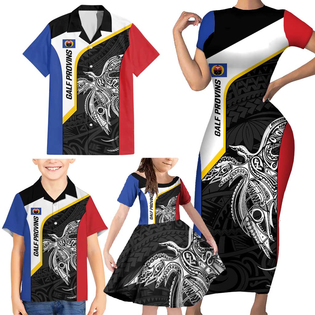 Personalised PNG Gulf Province Family Matching Short Sleeve Bodycon Dress and Hawaiian Shirt Bird of Paradise Tattoo Flag Motif LT9 - Polynesian Pride