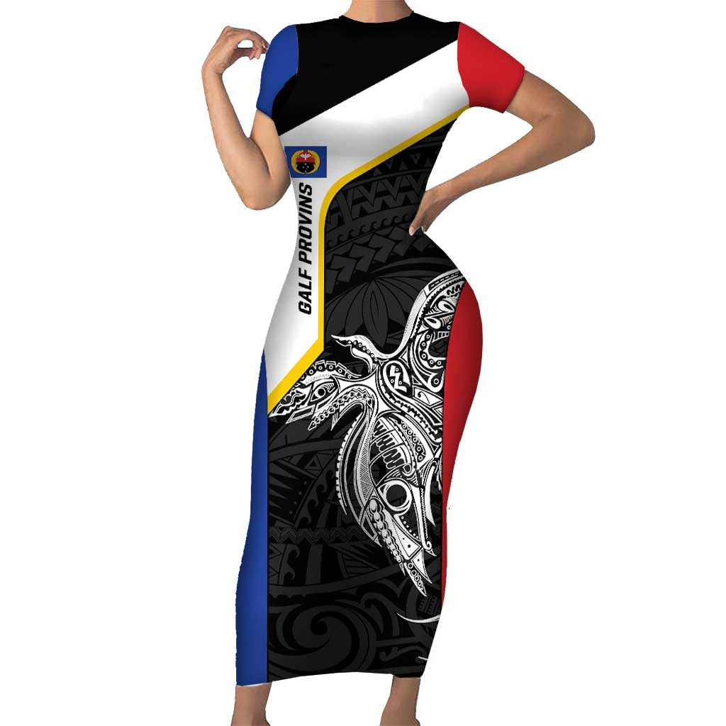 Personalised PNG Gulf Province Family Matching Short Sleeve Bodycon Dress and Hawaiian Shirt Bird of Paradise Tattoo Flag Motif LT9 Mom's Dress Black - Polynesian Pride