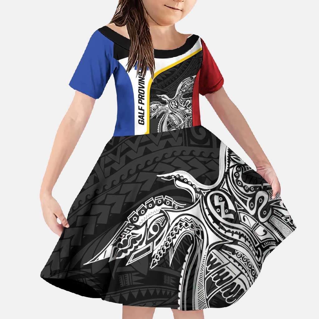 Personalised PNG Gulf Province Family Matching Summer Maxi Dress and Hawaiian Shirt Bird of Paradise Tattoo Flag Motif LT9 Daughter's Dress Black - Polynesian Pride