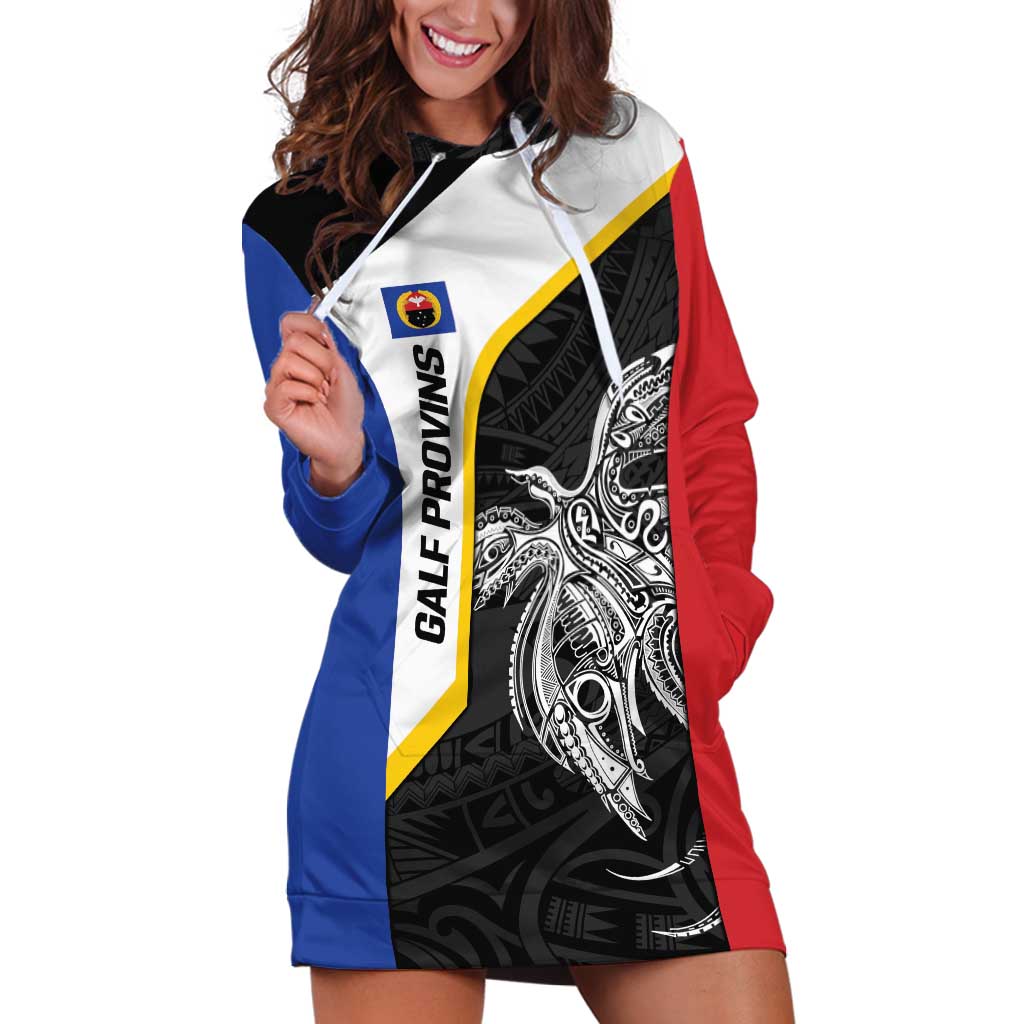 Personalised PNG Gulf Province Hoodie Dress Bird of Paradise Tattoo Flag Motif LT9 Black - Polynesian Pride