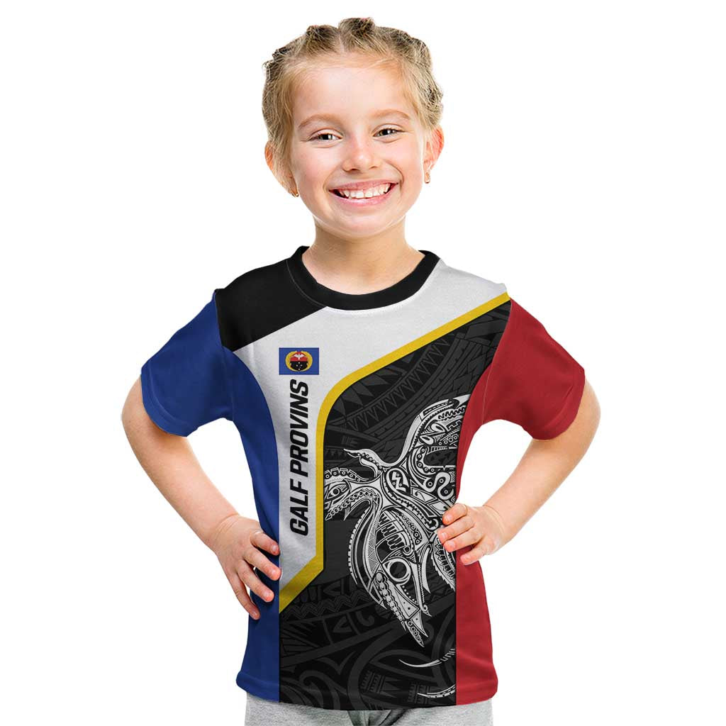 Personalised PNG Gulf Province Kid T Shirt Bird of Paradise Tattoo Flag Motif LT9 Black - Polynesian Pride