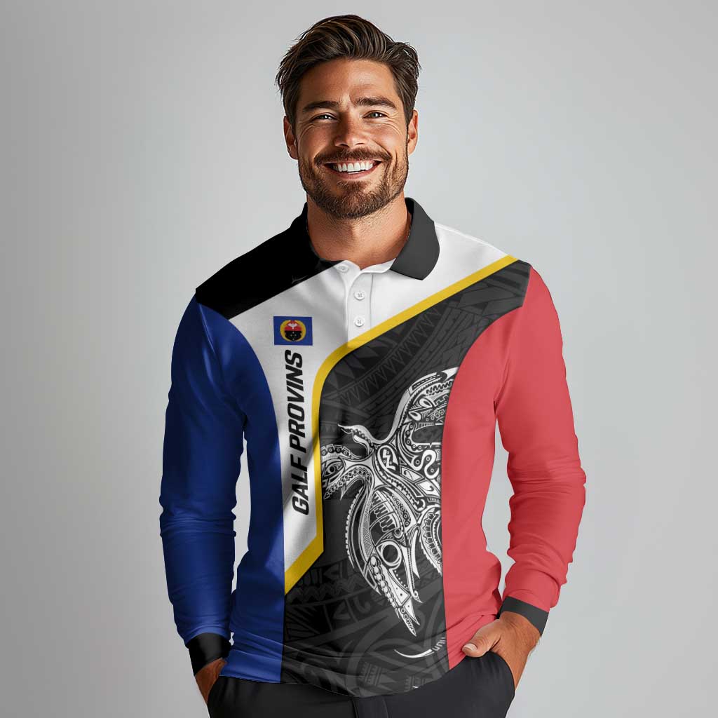 Personalised PNG Gulf Province Long Sleeve Polo Shirt Bird of Paradise Tattoo Flag Motif LT9 - Polynesian Pride