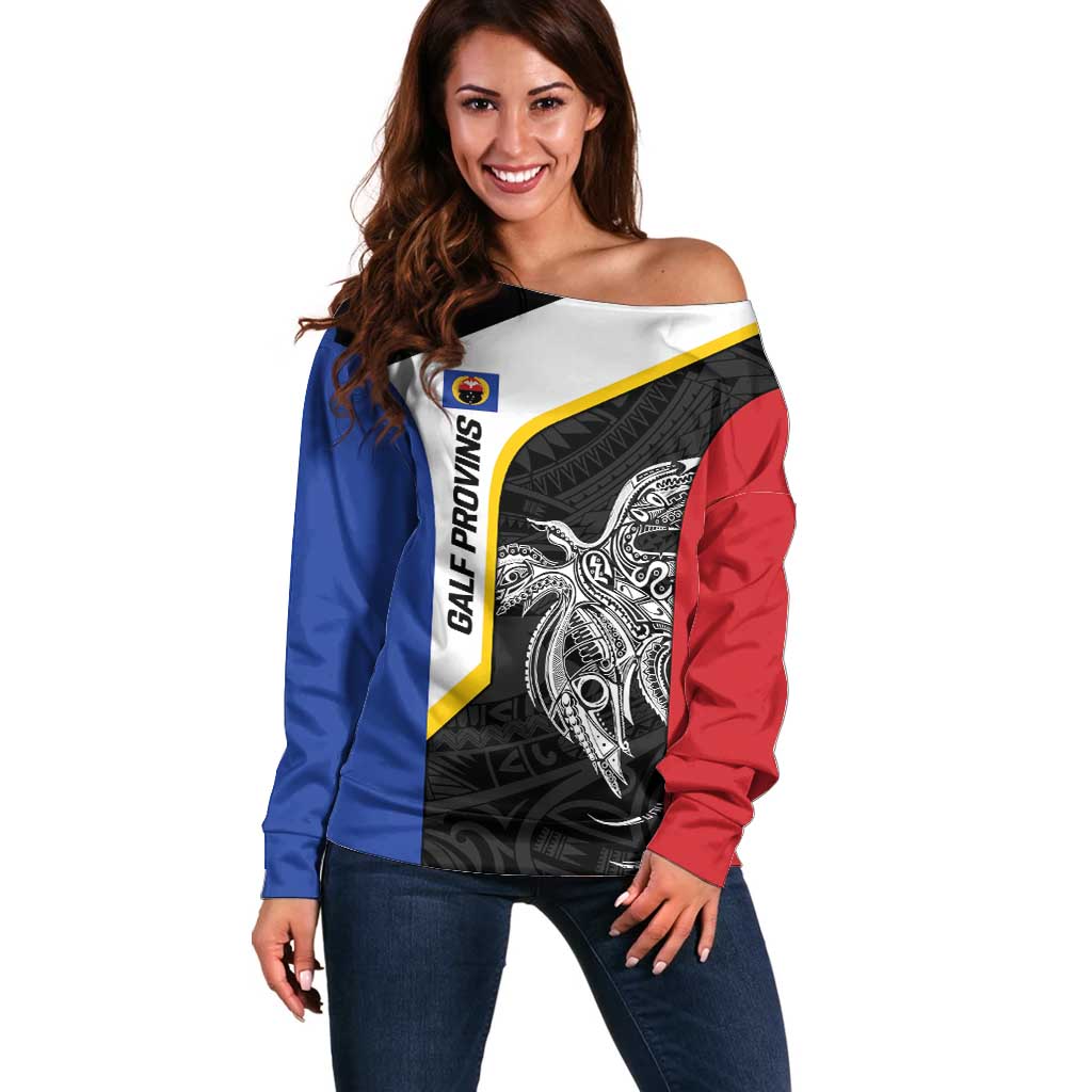 Personalised PNG Gulf Province Off Shoulder Sweater Bird of Paradise Tattoo Flag Motif - Polynesian Pride