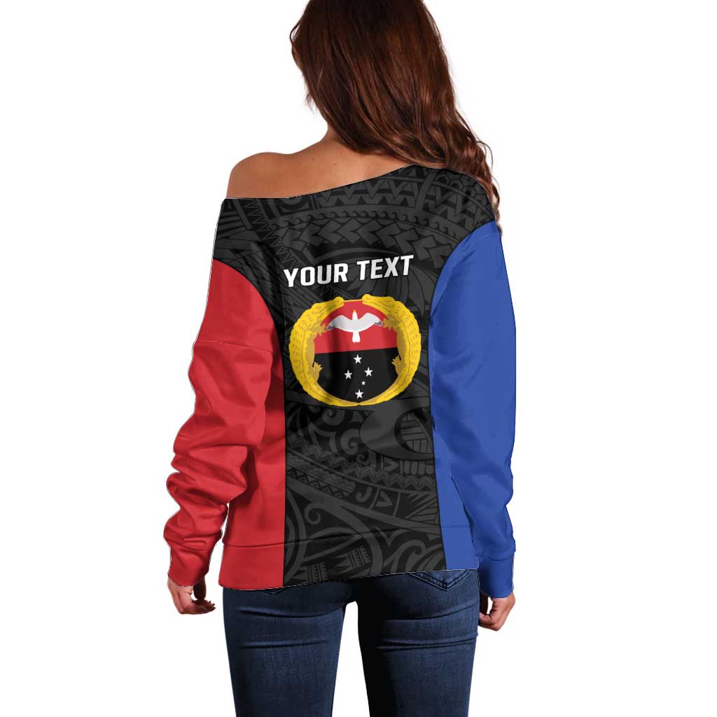 Personalised PNG Gulf Province Off Shoulder Sweater Bird of Paradise Tattoo Flag Motif - Polynesian Pride
