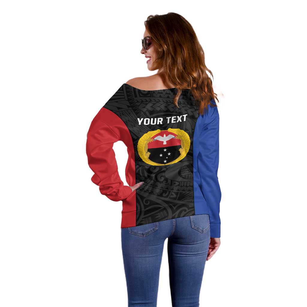 Personalised PNG Gulf Province Off Shoulder Sweater Bird of Paradise Tattoo Flag Motif - Polynesian Pride