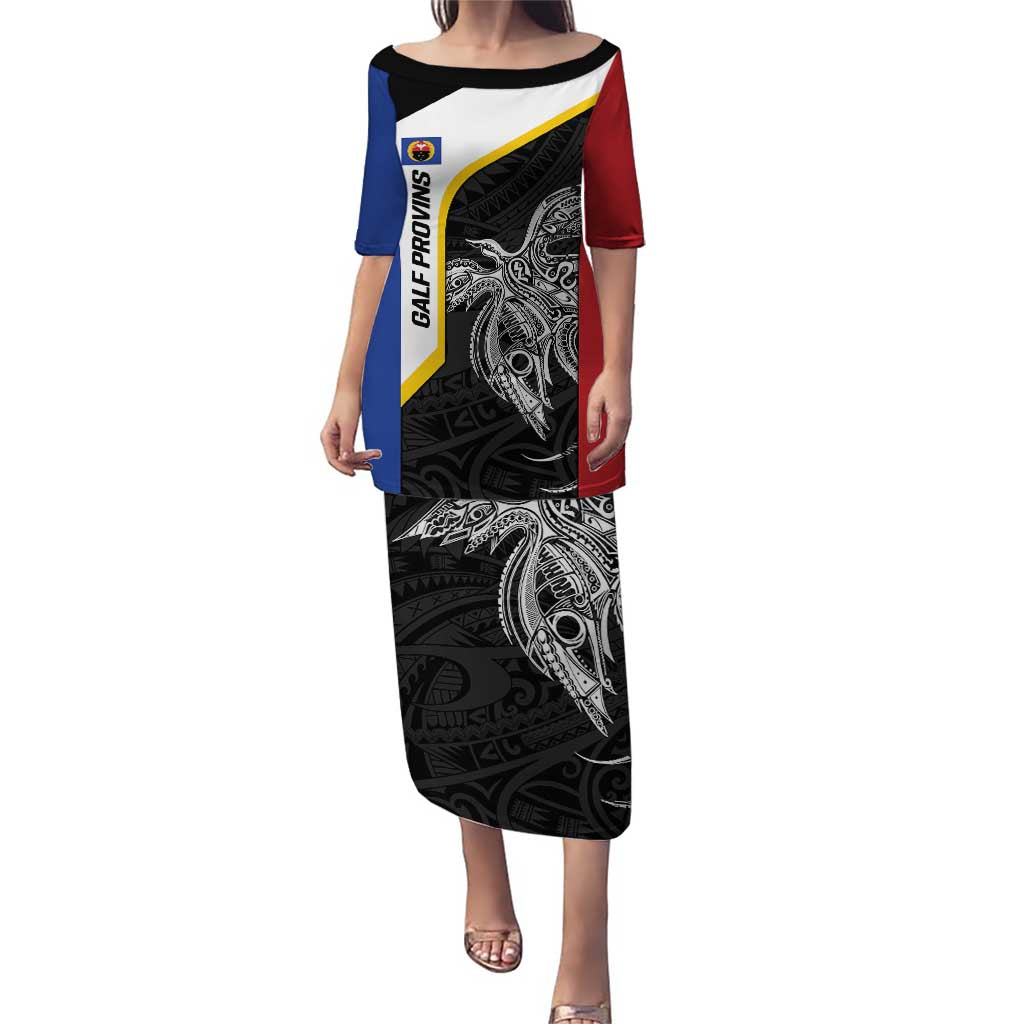 Personalised PNG Gulf Province Puletasi Bird of Paradise Tattoo Flag Motif LT9 Long Dress Black - Polynesian Pride