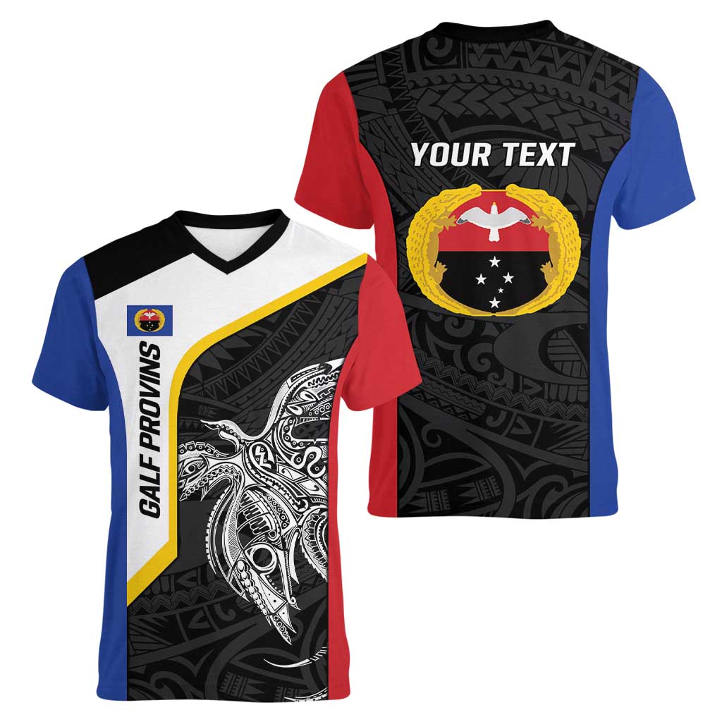 Personalised PNG Gulf Province Women V-Neck T-Shirt Bird of Paradise Tattoo Flag Motif - Polynesian Pride