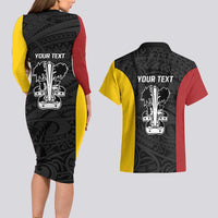 Personalised PNG Madang Province Couples Matching Long Sleeve Bodycon Dress and Hawaiian Shirt Bird of Paradise Tattoo Flag Motif LT9 - Polynesian Pride