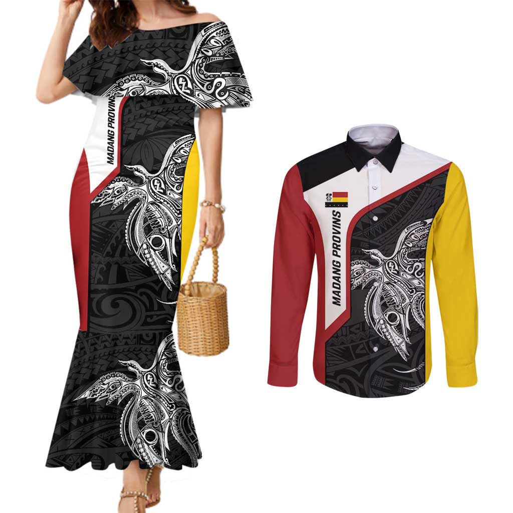 Personalised PNG Madang Province Couples Matching Mermaid Dress and Long Sleeve Button Shirt Bird of Paradise Tattoo Flag Motif LT9 Yellow - Polynesian Pride