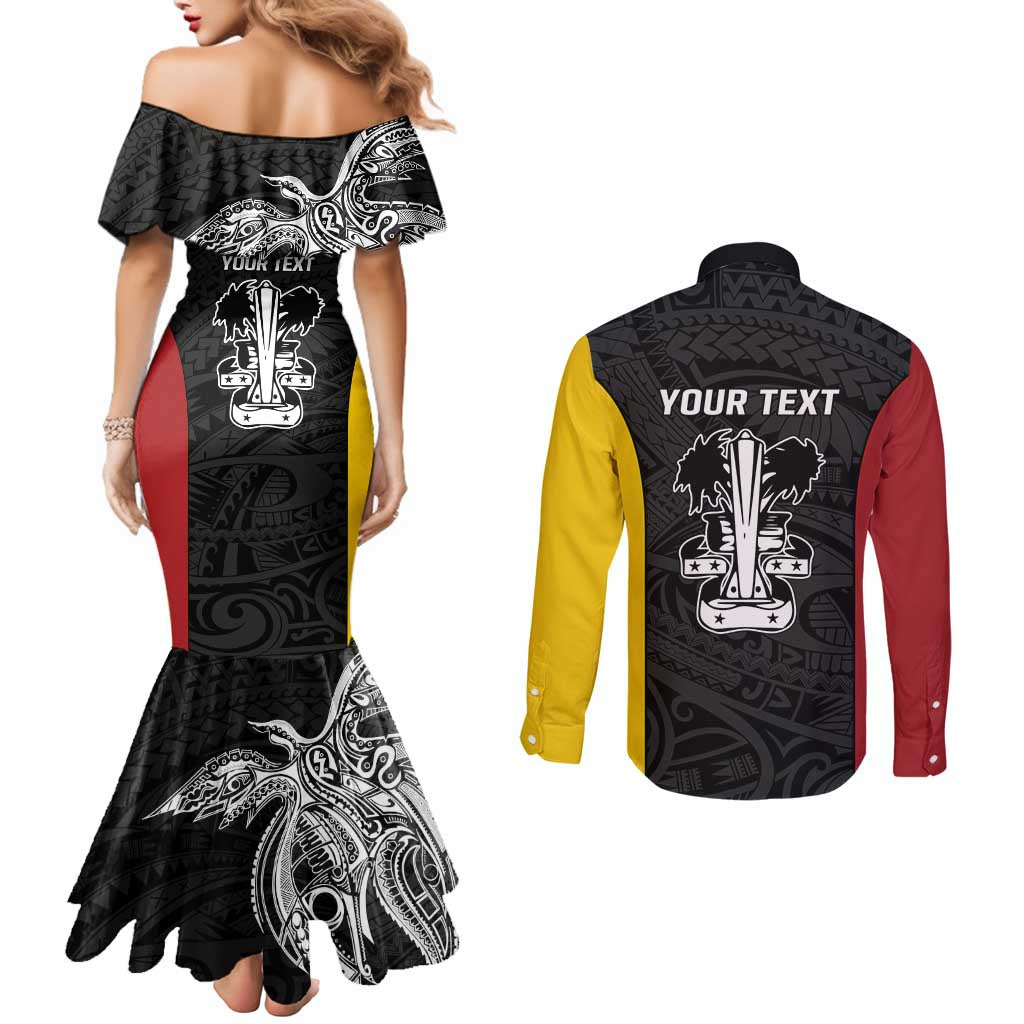 Personalised PNG Madang Province Couples Matching Mermaid Dress and Long Sleeve Button Shirt Bird of Paradise Tattoo Flag Motif LT9 - Polynesian Pride