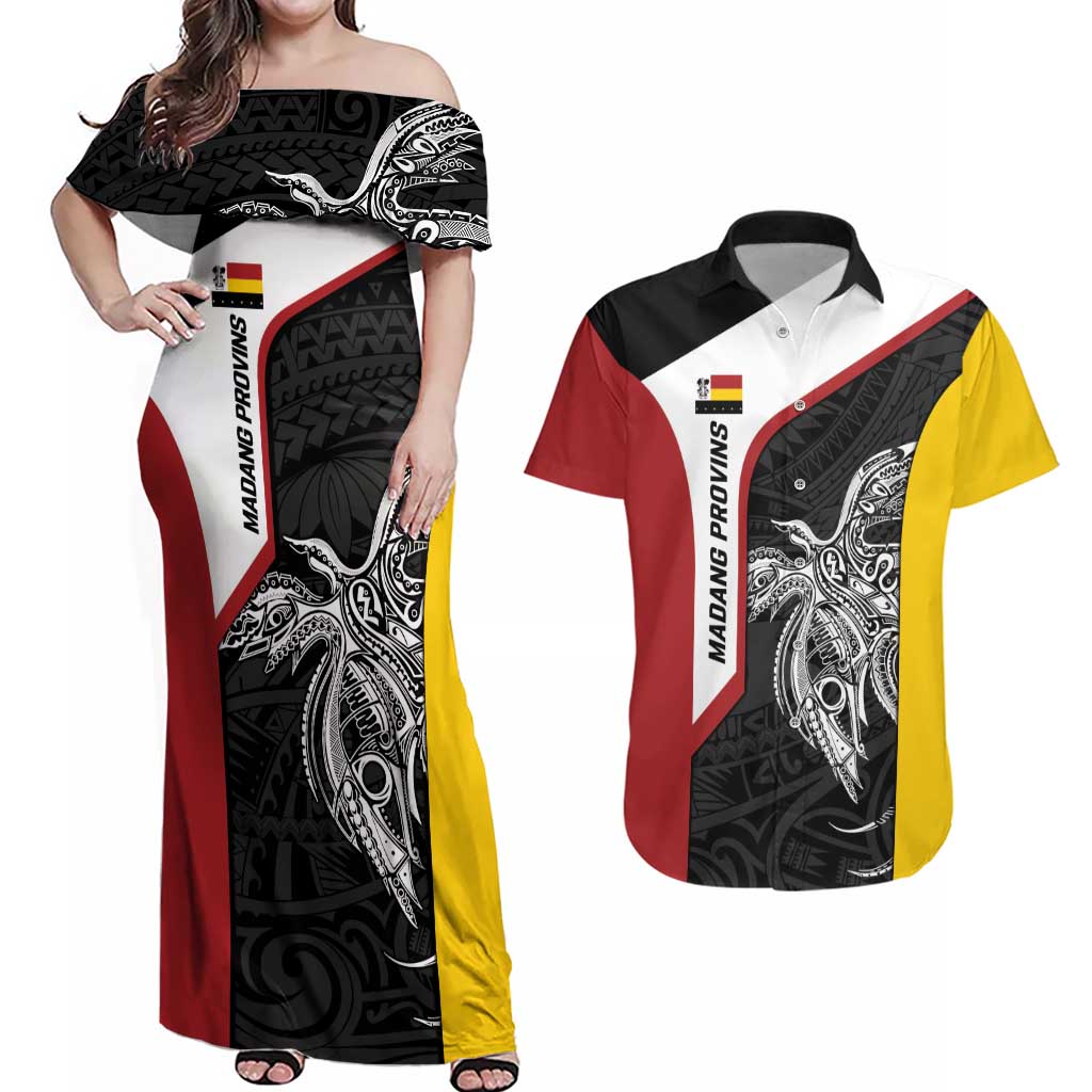 Personalised PNG Madang Province Couples Matching Off Shoulder Maxi Dress and Hawaiian Shirt Bird of Paradise Tattoo Flag Motif LT9 Yellow - Polynesian Pride