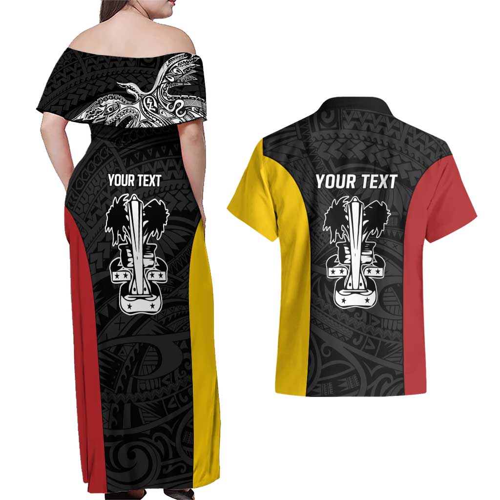 Personalised PNG Madang Province Couples Matching Off Shoulder Maxi Dress and Hawaiian Shirt Bird of Paradise Tattoo Flag Motif LT9 - Polynesian Pride