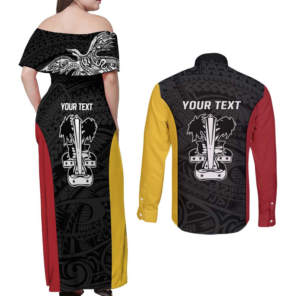 Personalised PNG Madang Province Couples Matching Off Shoulder Maxi Dress and Long Sleeve Button Shirt Bird of Paradise Tattoo Flag Motif LT9 - Polynesian Pride