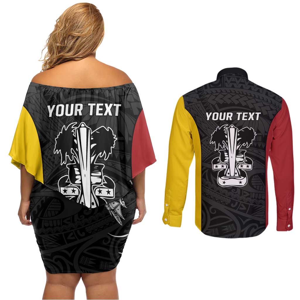 Personalised PNG Madang Province Couples Matching Off Shoulder Short Dress and Long Sleeve Button Shirt Bird of Paradise Tattoo Flag Motif LT9 - Polynesian Pride