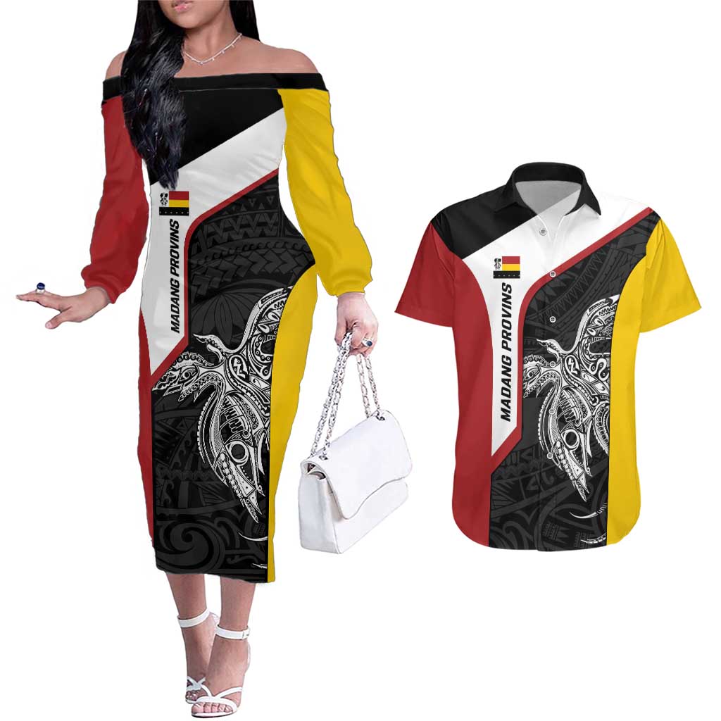 Personalised PNG Madang Province Couples Matching Off The Shoulder Long Sleeve Dress and Hawaiian Shirt Bird of Paradise Tattoo Flag Motif LT9 Yellow - Polynesian Pride