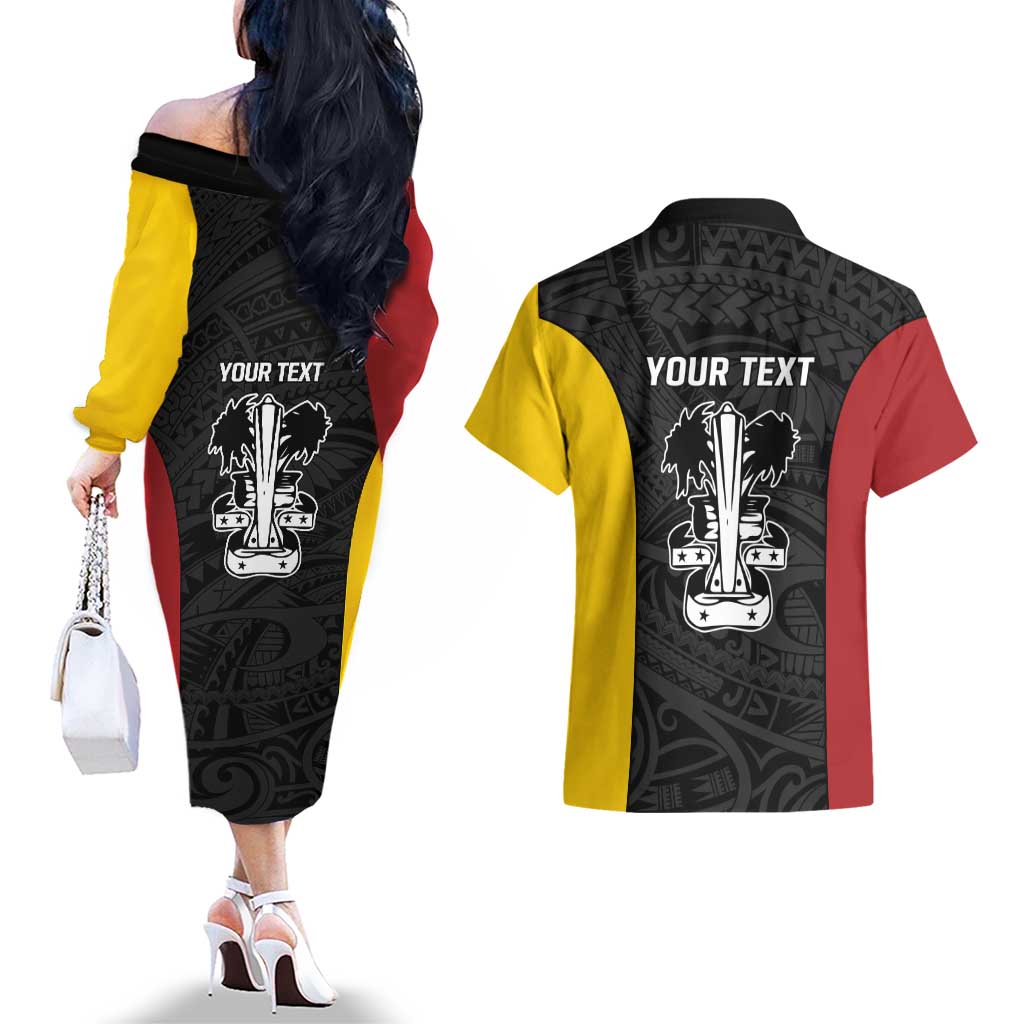 Personalised PNG Madang Province Couples Matching Off The Shoulder Long Sleeve Dress and Hawaiian Shirt Bird of Paradise Tattoo Flag Motif LT9 - Polynesian Pride