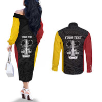 Personalised PNG Madang Province Couples Matching Off The Shoulder Long Sleeve Dress and Long Sleeve Button Shirt Bird of Paradise Tattoo Flag Motif LT9 - Polynesian Pride
