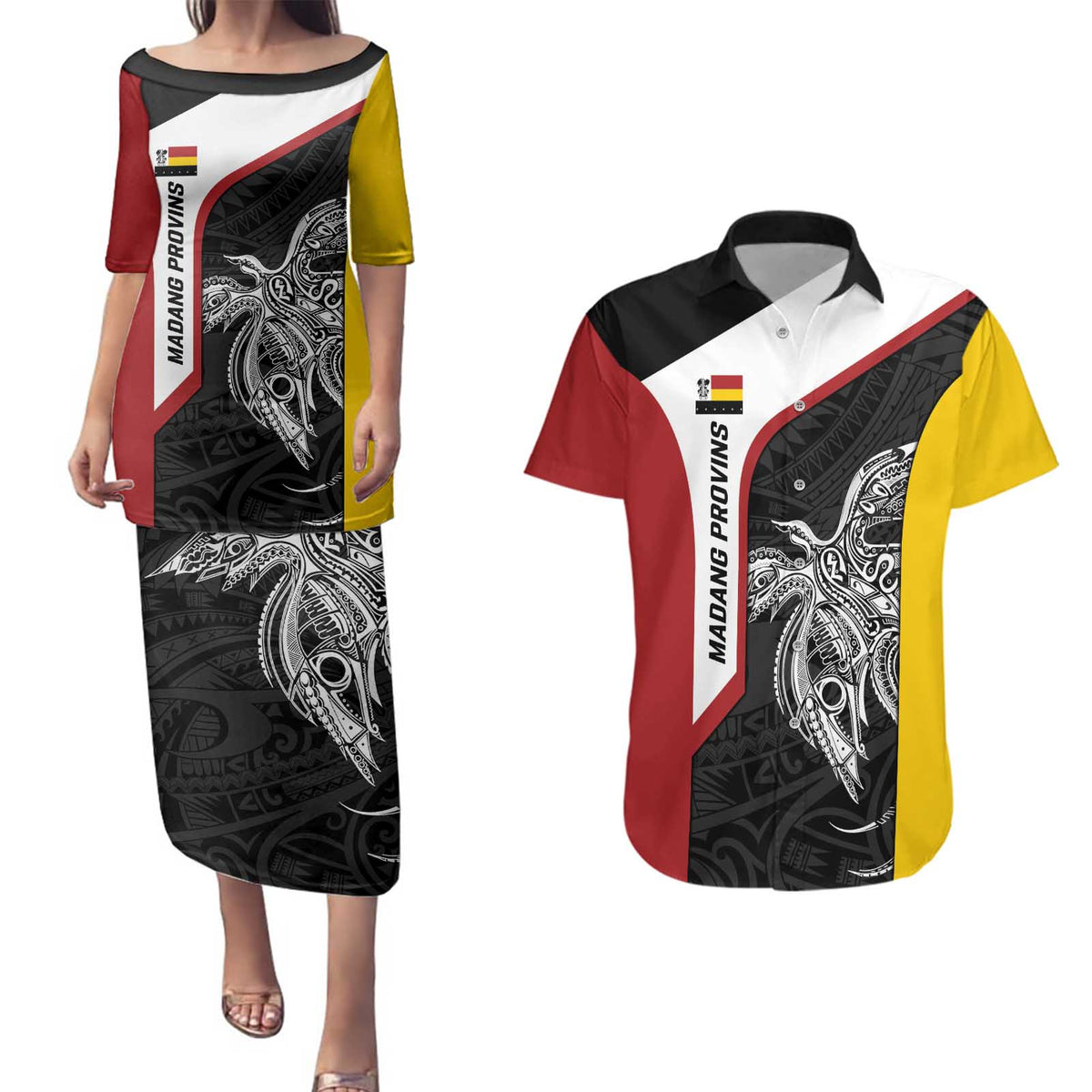 Personalised PNG Madang Province Couples Matching Puletasi and Hawaiian Shirt Bird of Paradise Tattoo Flag Motif LT9 Yellow - Polynesian Pride