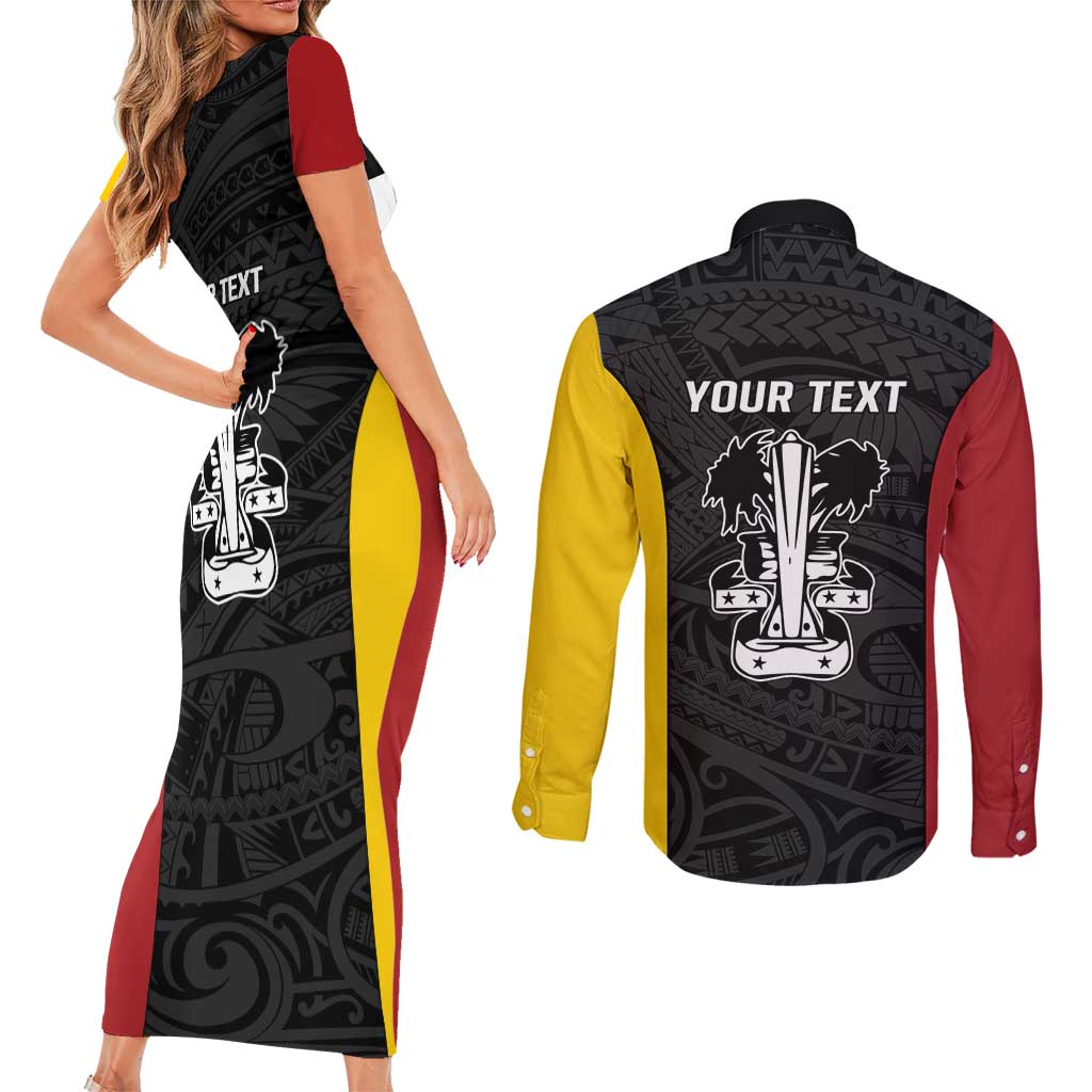 Personalised PNG Madang Province Couples Matching Short Sleeve Bodycon Dress and Long Sleeve Button Shirt Bird of Paradise Tattoo Flag Motif LT9 - Polynesian Pride