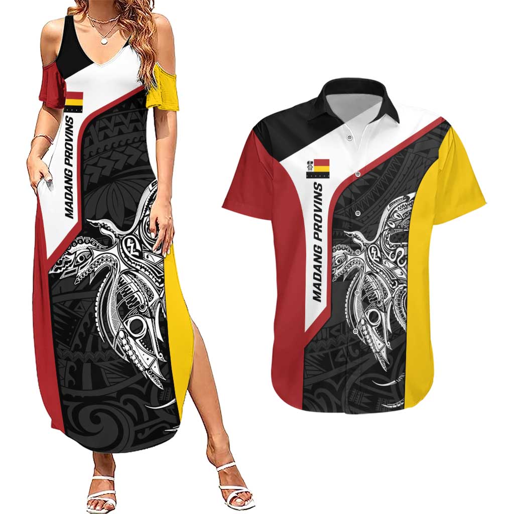 Personalised PNG Madang Province Couples Matching Summer Maxi Dress and Hawaiian Shirt Bird of Paradise Tattoo Flag Motif LT9 Yellow - Polynesian Pride