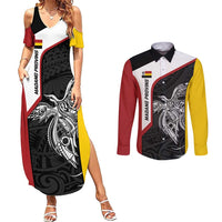 Personalised PNG Madang Province Couples Matching Summer Maxi Dress and Long Sleeve Button Shirt Bird of Paradise Tattoo Flag Motif LT9 Yellow - Polynesian Pride