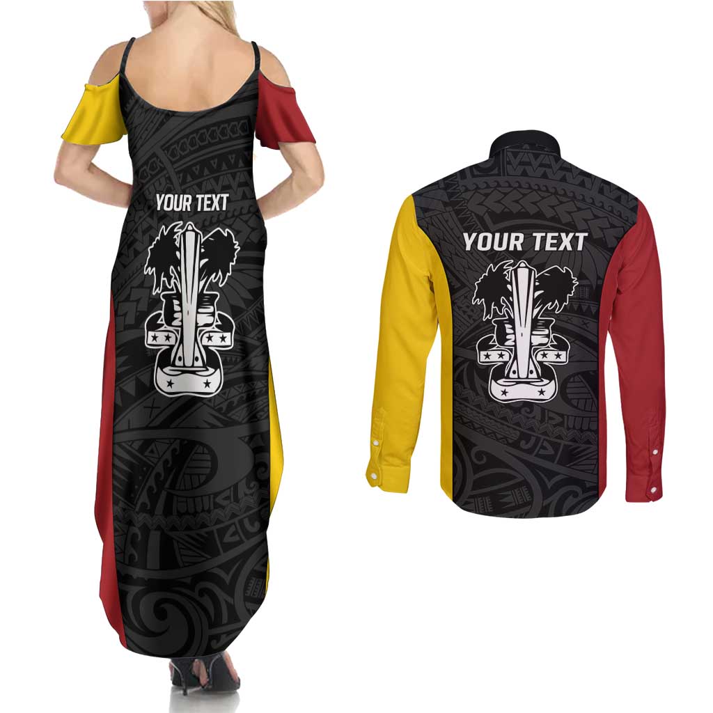 Personalised PNG Madang Province Couples Matching Summer Maxi Dress and Long Sleeve Button Shirt Bird of Paradise Tattoo Flag Motif LT9 - Polynesian Pride