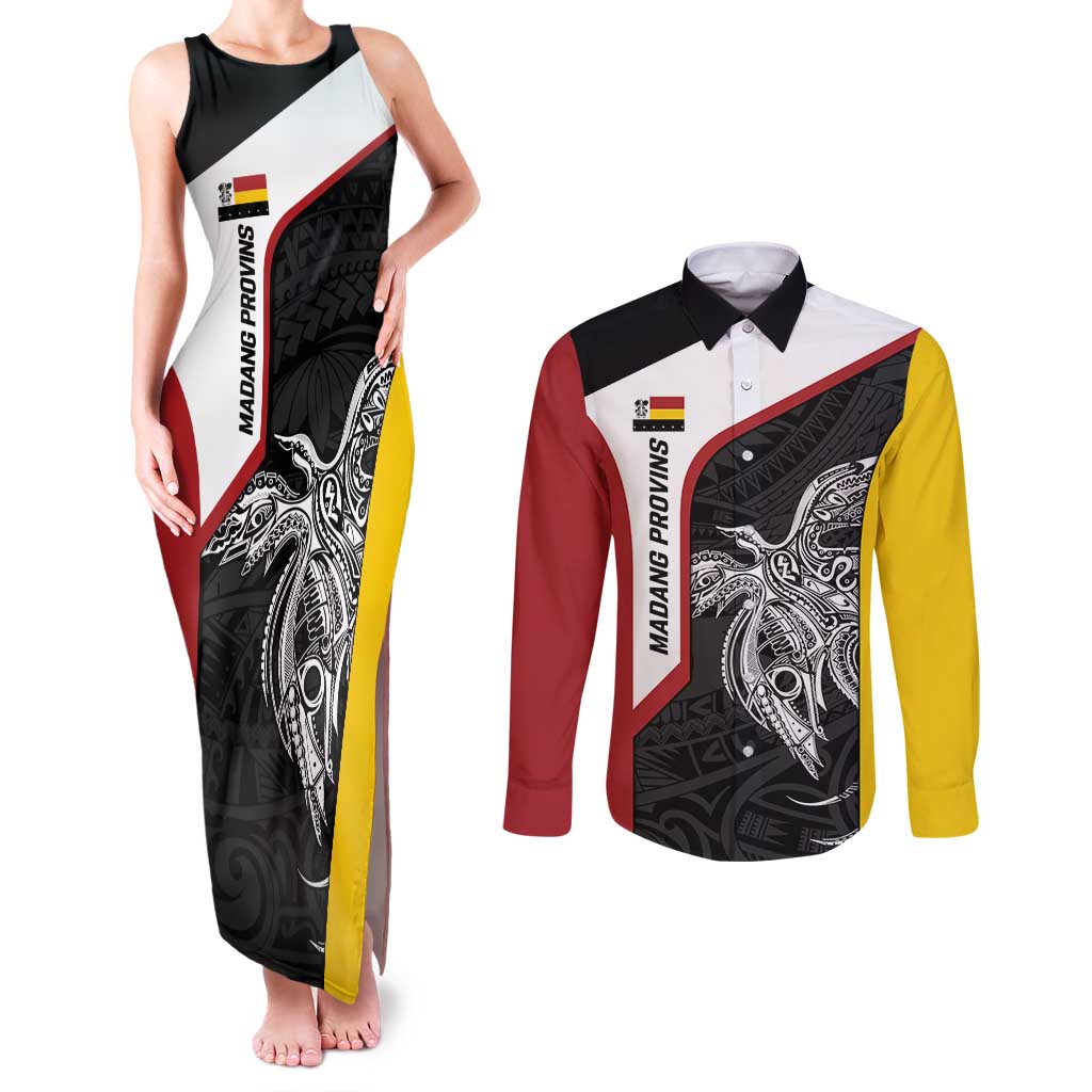 Personalised PNG Madang Province Couples Matching Tank Maxi Dress and Long Sleeve Button Shirt Bird of Paradise Tattoo Flag Motif LT9 Yellow - Polynesian Pride