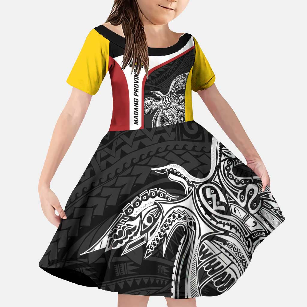 Personalised PNG Madang Province Family Matching Off Shoulder Maxi Dress and Hawaiian Shirt Bird of Paradise Tattoo Flag Motif LT9 Daughter's Dress Yellow - Polynesian Pride