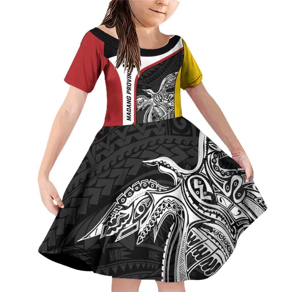 Personalised PNG Madang Province Family Matching Off Shoulder Short Dress and Hawaiian Shirt Bird of Paradise Tattoo Flag Motif LT9 Daughter's Dress Yellow - Polynesian Pride