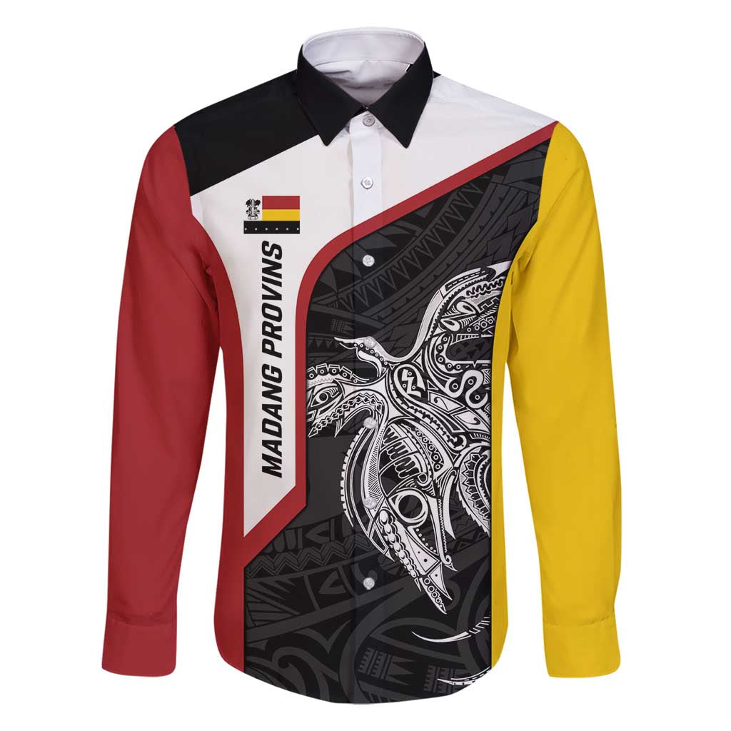 Personalised PNG Madang Province Family Matching Off Shoulder Short Dress and Hawaiian Shirt Bird of Paradise Tattoo Flag Motif LT9 Dad's Shirt - Long Sleeve Yellow - Polynesian Pride
