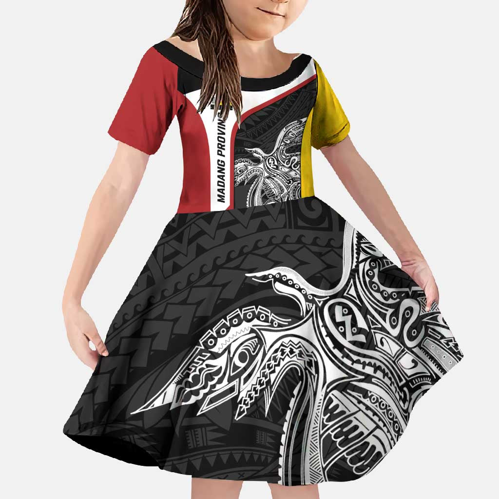 Personalised PNG Madang Province Family Matching Short Sleeve Bodycon Dress and Hawaiian Shirt Bird of Paradise Tattoo Flag Motif LT9 Daughter's Dress Yellow - Polynesian Pride