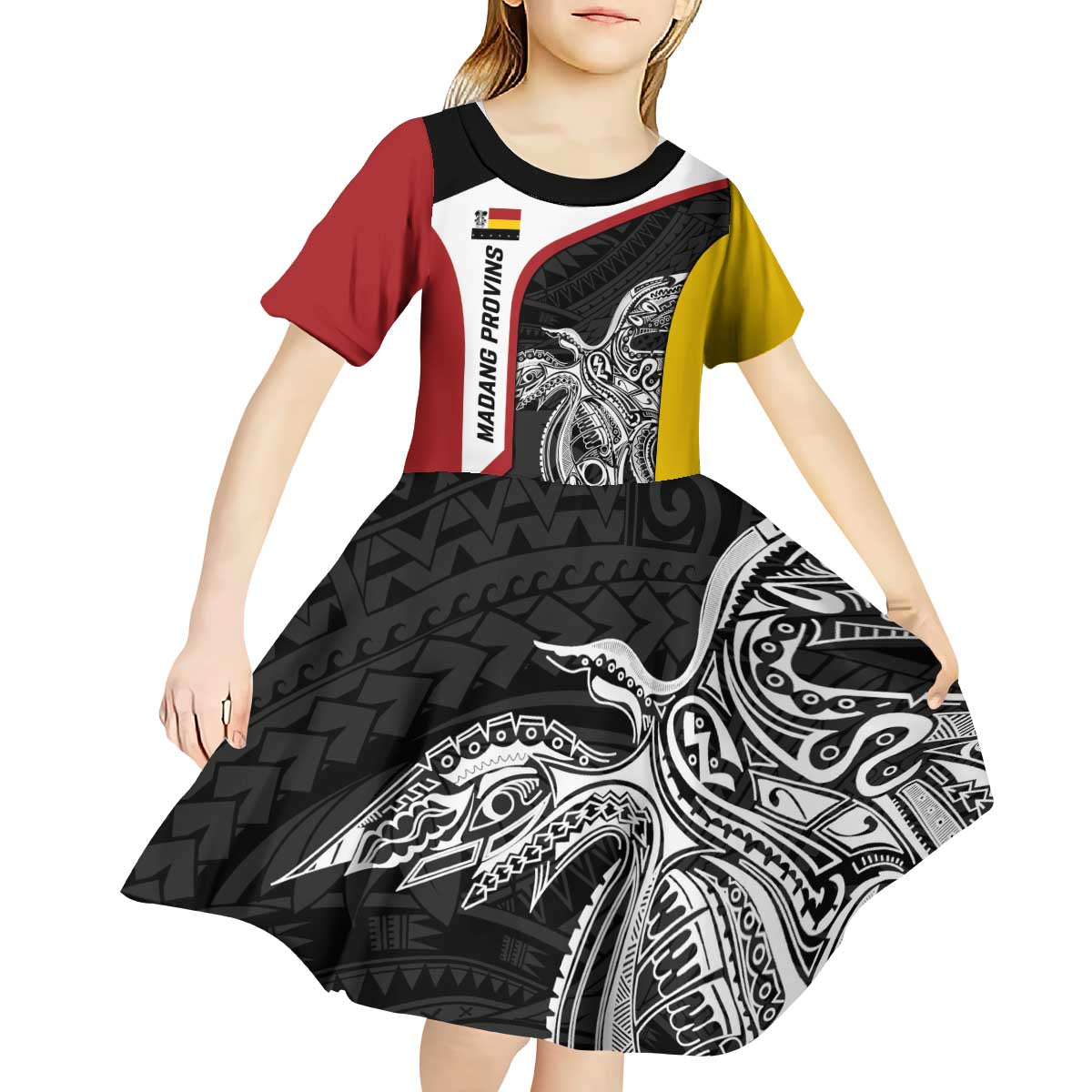 Personalised PNG Madang Province Kid Short Sleeve Dress Bird of Paradise Tattoo Flag Motif LT9 - Polynesian Pride