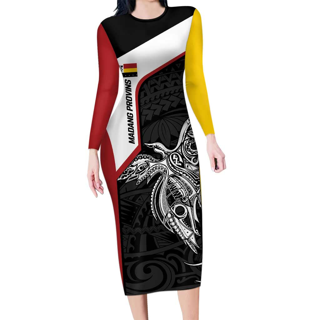 Personalised PNG Madang Province Long Sleeve Bodycon Dress Bird of Paradise Tattoo Flag Motif LT9 Long Dress Yellow - Polynesian Pride
