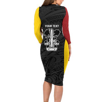 Personalised PNG Madang Province Long Sleeve Bodycon Dress Bird of Paradise Tattoo Flag Motif LT9 - Polynesian Pride