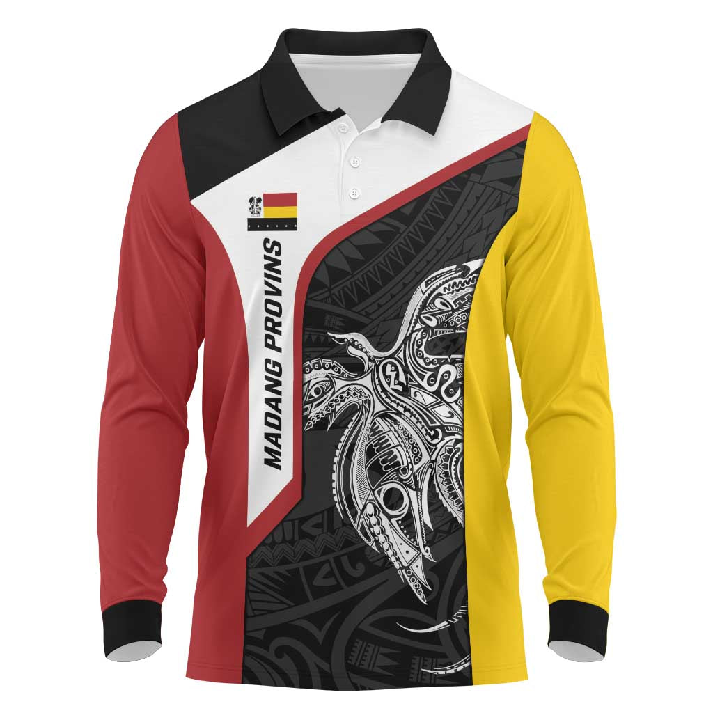Personalised PNG Madang Province Long Sleeve Polo Shirt Bird of Paradise Tattoo Flag Motif LT9 Yellow - Polynesian Pride