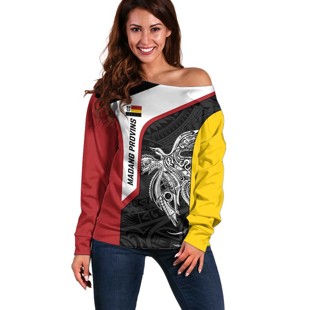 Personalised PNG Madang Province Off Shoulder Sweater Bird of Paradise Tattoo Flag Motif - Polynesian Pride