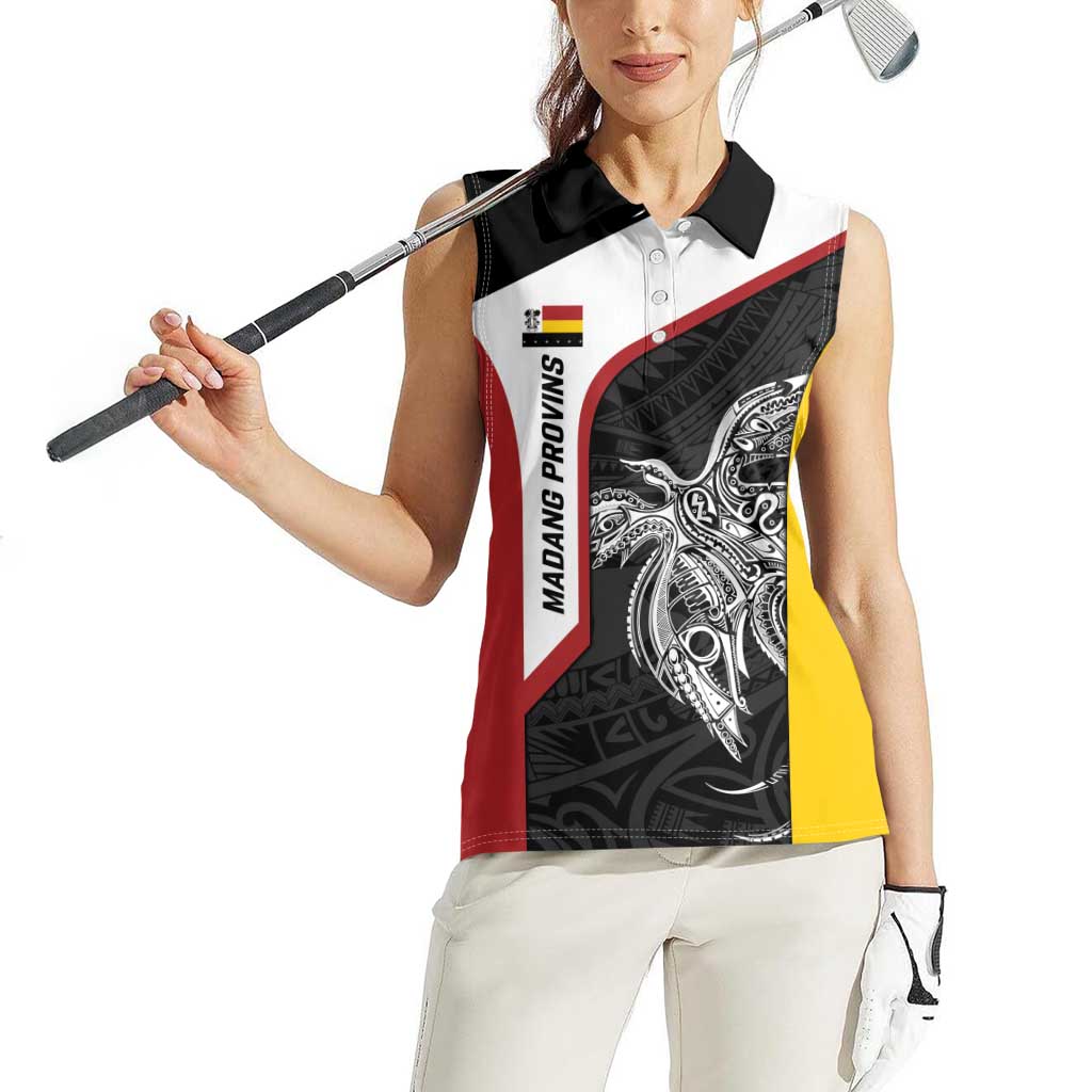 Personalised PNG Madang Province Women Sleeveless Polo Shirt Bird of Paradise Tattoo Flag Motif LT9 - Polynesian Pride