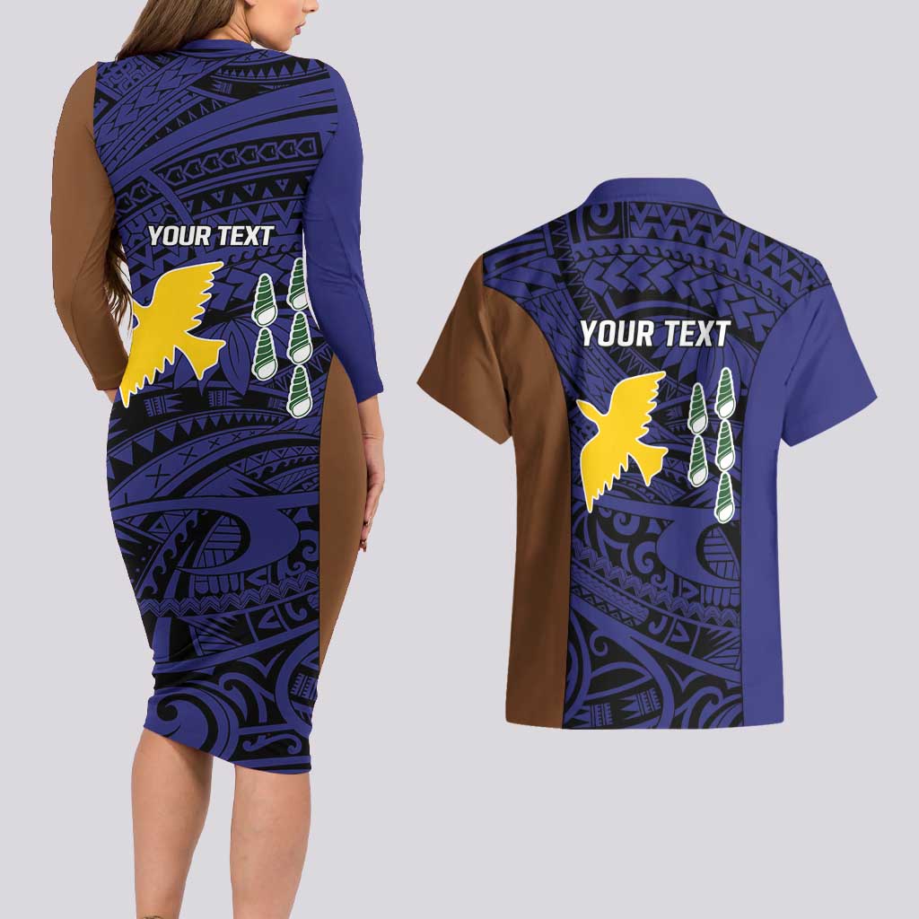 Personalised PNG Manus Province Couples Matching Long Sleeve Bodycon Dress and Hawaiian Shirt Bird of Paradise Tattoo Flag Motif LT9 - Polynesian Pride