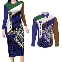 Personalised PNG Manus Province Couples Matching Long Sleeve Bodycon Dress and Long Sleeve Button Shirt Bird of Paradise Tattoo Flag Motif LT9 Blue - Polynesian Pride