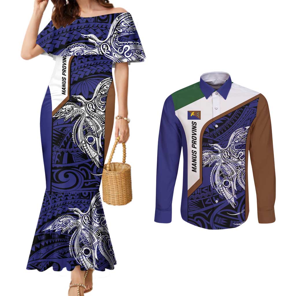 Personalised PNG Manus Province Couples Matching Mermaid Dress and Long Sleeve Button Shirt Bird of Paradise Tattoo Flag Motif LT9 Blue - Polynesian Pride