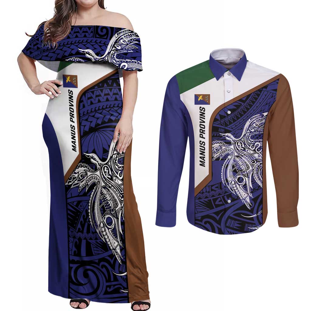 Personalised PNG Manus Province Couples Matching Off Shoulder Maxi Dress and Long Sleeve Button Shirt Bird of Paradise Tattoo Flag Motif LT9 Blue - Polynesian Pride
