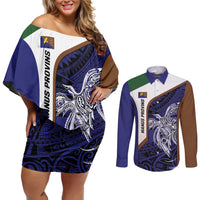 Personalised PNG Manus Province Couples Matching Off Shoulder Short Dress and Long Sleeve Button Shirt Bird of Paradise Tattoo Flag Motif LT9 Blue - Polynesian Pride