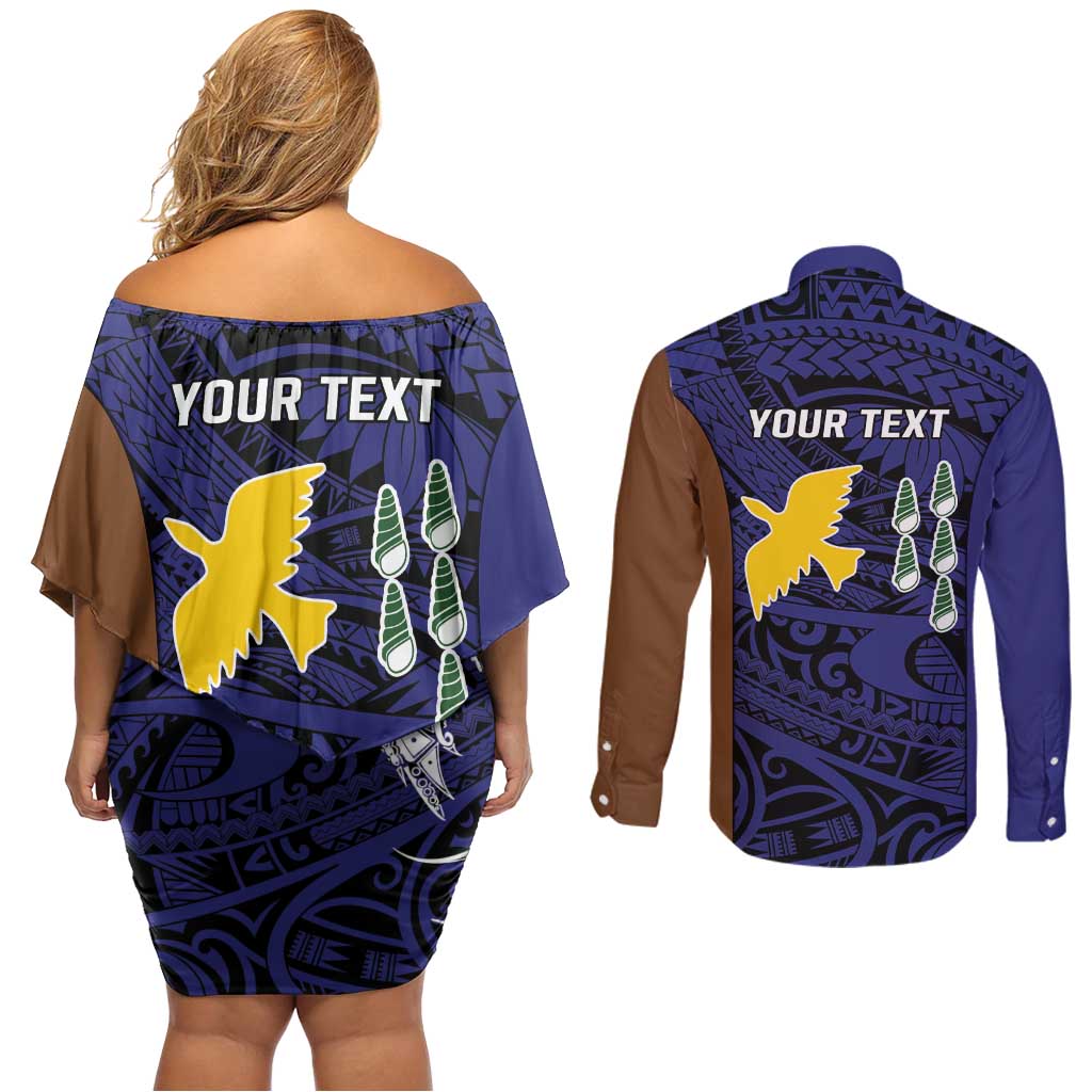 Personalised PNG Manus Province Couples Matching Off Shoulder Short Dress and Long Sleeve Button Shirt Bird of Paradise Tattoo Flag Motif LT9 - Polynesian Pride