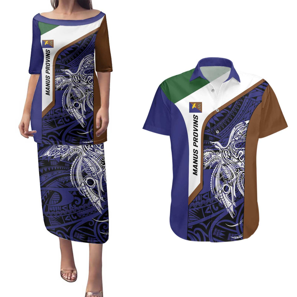 Personalised PNG Manus Province Couples Matching Puletasi and Hawaiian Shirt Bird of Paradise Tattoo Flag Motif LT9 Blue - Polynesian Pride