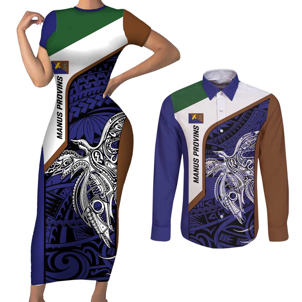 Personalised PNG Manus Province Couples Matching Short Sleeve Bodycon Dress and Long Sleeve Button Shirt Bird of Paradise Tattoo Flag Motif LT9 Blue - Polynesian Pride