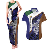 Personalised PNG Manus Province Couples Matching Tank Maxi Dress and Hawaiian Shirt Bird of Paradise Tattoo Flag Motif LT9 Blue - Polynesian Pride