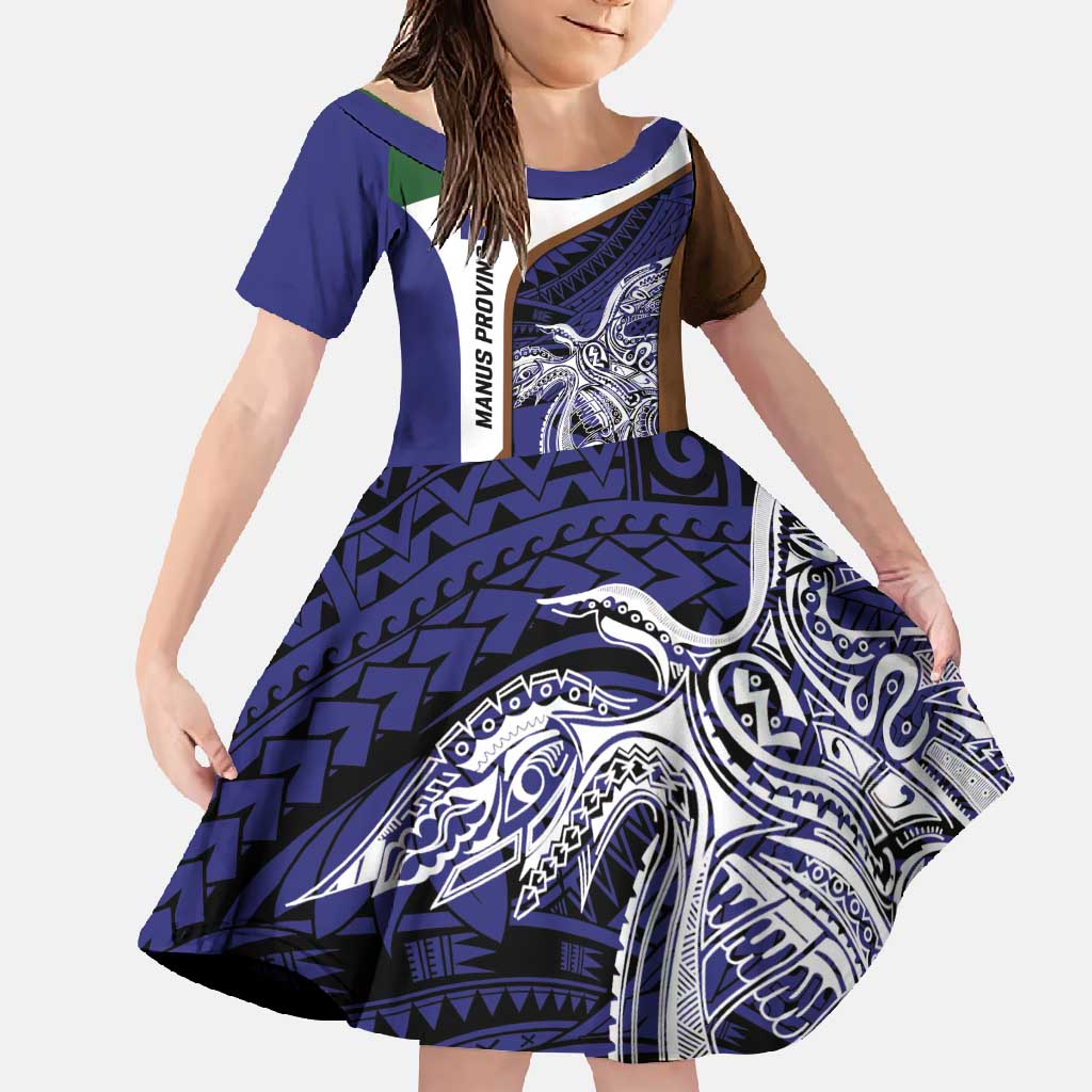 Personalised PNG Manus Province Family Matching Long Sleeve Bodycon Dress and Hawaiian Shirt Bird of Paradise Tattoo Flag Motif LT9 Daughter's Dress Blue - Polynesian Pride
